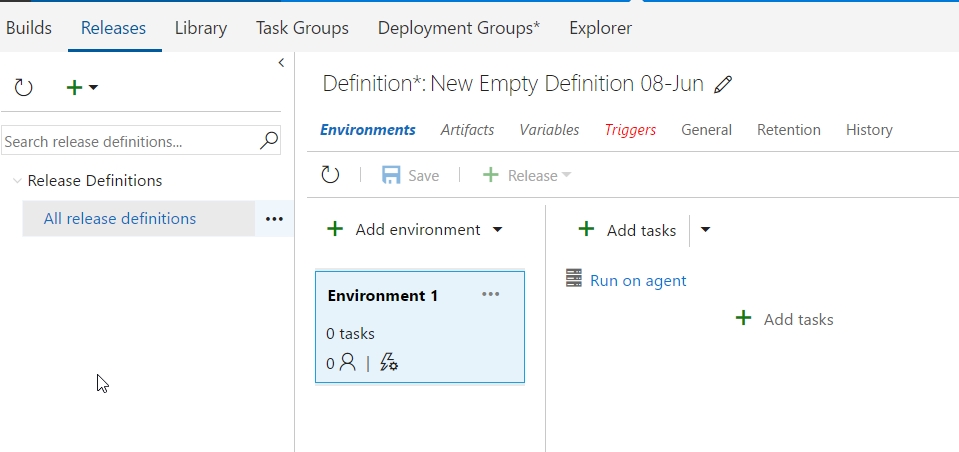 On the Releases tab, in the left pane, under Release Definitions, All release definitions is selected. On the right, in the Definition*.New Empty Definition pane, under Add environment, Environment 1 is selected.